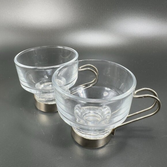 Vintage Espresso Coffee Cups Mugs Glass Steel Handles Clear Glass Small Cups VTG - Picture 6 of 11